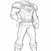 A cartoon-style superhero with a muscular build, featuring a prominent 'S' emblem on his chest, wearing a helmet and a detailed suit with shoulder pads and boots, standing confidently with his hands on his hips. The illustration is in black and white, designed for coloring.