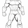 A muscular superhero with a confident expression, wearing a fitted costume with a chest emblem, gauntlets, and knee-high boots, standing in a strong pose against a blank background.