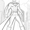 A comic-style line drawing of a seated superhero with a muscular build, wearing a cape and a symbol on their chest, standing confidently in a cityscape with skyscrapers and clouds in the background.