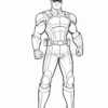 A cartoon superhero character drawn in a black and white outline style, wearing a fitted suit with armor-like features, a mask, and gloves, standing confidently with a muscular build and a hairstyle that is swept back.