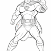 A cartoon superhero character with a prominent 'B' on the chest, standing on one leg with a muscular build, fists clenched and ready for action, wearing a cape and boots, outlined in black.
