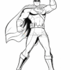 A muscular superhero stands confidently, wearing a mask and a flowing cape. His costume features a symbol on the chest, with a utility belt, and he raises one fist in a triumphant pose. The lines are bold and clear, designed for coloring.