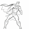 A line drawing of a muscular superhero standing in a powerful pose, wearing a costume with an emblem on the chest and a flowing cape, emphasizing strength and readiness for action.