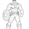 A cartoon superhero character with a muscular build, wearing a costume featuring a star on the chest and a helmet marked with a 'B'. He stands confidently with a circular shield in one arm, wearing boots and tactical gear, outlined in black and ready for coloring.