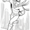 A superhero in a dynamic pose, wearing a cape and armor with an emblem on his chest, running across a rooftop with a city skyline in the background, depicted in a black and white outline style.