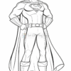 A line art illustration of a muscular superhero in a cape and costume featuring a prominent 'S' emblem on the chest, standing confidently with hands on hips near a blank background, suited for coloring.