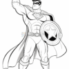 A muscular superhero standing confidently with a sword raised in one hand and a shield in the other, wearing a cape and an emblem on his chest, depicted in a black and white outline style.