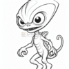 A cartoon-style alien character with a large, bulbous head, big eyes, and a mischievous grin. It has a slender body with limbs that end in clawed hands and feet, and a long tail with a curled tip, standing in a dynamic pose against a plain background.