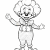 A cartoon clown character with a big smile, wearing a bow tie and striped overalls, waving its right hand. The clown has a fluffy hairstyle and round nose, depicted in a black and white coloring book style.