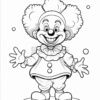 A cartoon-style clown with fluffy hair, a big smile, and a round nose, wearing a ruffled collar and a polka-dotted outfit, standing with arms outstretched and surrounded by small bubbles.