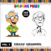 A colorful cover for a coloring book titled 'Crazy Grandpa', featuring two illustrations of a grandpa character: one in a cartoonish style with glasses and a big smile, wearing a green shirt, and another in a more serious, black and white sketch style. The cover states '100 PAGES' and is decorated with a border of colored pencils at the top and bottom.