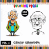 A colorful cover for a coloring book titled 'Crazy Grandpa' featuring two cartoon-style illustrations of an elderly man: one with a joyful expression, glasses, and a colorful jacket, and the other with a more subdued, serious appearance.