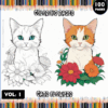 A coloring book cover featuring two illustrated cats surrounded by flowers; the left cat is white with blue eyes and the right cat is orange with brown stripes and green eyes, both cats are adorned with colorful floral designs. The title reads 'Cats Flowers Coloring Pages' at the top, with 'Vol. I' and '100 Pages' highlighted on the cover.