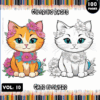 A colorful cover for a coloring book titled 'Cats Flowers,' featuring two stylized cartoon cats—one orange with pink flowers and the other white with gray flowers—set against a vibrant background of colored pencils. The text indicates it's Volume 10 and includes '100 Pages' prominently.