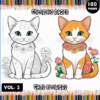 A coloring book cover featuring two illustrated cats, one gray with flowers and one orange, both with floral designs around their necks. The background includes colorful pencils and headings indicating 'Cats Flowers - Coloring Pages - Vol. 2' and '100 Pages'.