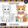 A coloring page featuring two cartoon cats side by side: a white cat adorned with flowers on its neck and a colorful orange cat with floral patterns on its body. The top of the page displays the title "Cats Flowers" and "Coloring Pages" with colorful pencils along the bottom, indicating a volume 2 of the series.