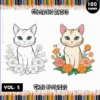 Cover of a coloring book featuring two illustrations of cats among flowers, one being a line drawing and the other colored. The title 'Cats Flowers' and 'Coloring Pages' are prominently displayed, along with 'Vol. 3' and '100 Pages'.
