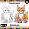 Cover of a coloring book titled 'Cats Flowers' featuring illustrations of two cats, one gray with blue eyes and the other orange with green eyes, surrounded by various flowers, with a colorful pencil border and the text 'Vol. 8' and '100 Pages' prominently displayed.