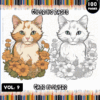 A book cover for a coloring book titled 'Cats Flowers' featuring an orange tabby cat surrounded by colorful flowers on one side and a gray cat with a sketch-style outline on the other. The title is prominently displayed at the top and bottom, and the cover indicates it contains 100 pages in volume 9.
