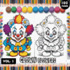 A colorful illustration for a clown-themed coloring book, featuring a joyful clown with colorful hair and flowers, along with a black and white version for coloring on the right side. The top has the title 'CLOWN' and a label 'VOL. I' while the bottom indicates 'COLORING PAGES' with decorative pencil graphics at the edges.