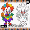 A colorful coloring book page featuring a cheerful clown with bright red hair and multicolored attire holding flowers, alongside a black and white outline version of the same clown for coloring, labeled 'Clown Flowers' and 'Vol. 10'.
