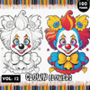 A bright and colorful cover of a clown-themed coloring book featuring a happy clown with a colorful wig and flowers, alongside a black and white version of the clown for coloring. The title reads 'CLOWN' at the top, with 'CLONW FLOWERS' and 'COLORING PAGES' in bold text below, and an indicator for '100 PAGES'.