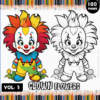A colorful cover for a clown-themed coloring book, featuring a smiling clown character with a rainbow wig and flowers, alongside a black and white line art version of the same clown, titled 'Clown Flowers' and indicating 'Vol. 3' with a count of 100 pages.