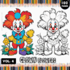 Cover of a coloring book titled 'Clown Flowers Volume 4,' featuring a colorful clown with red and blue hair alongside a black and white outline of the same clown holding flowers, with a vibrant background of colored pencils and the words '100 PAGES' at the top.