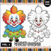 A coloring page featuring a clown with colorful hair, a blue collar, and a green costume on the left, and a black and white version of the same clown on the right; both clowns are smiling and holding flowers, set against an orange banner with the word 'CLOWN' and a colorful pencil border at the top.