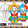 A colorful cover for a clown-themed coloring book featuring three whimsical clowns with vibrant hairstyles and outfits. The left clown is in black and white, while the other two are brightly colored. The title 'CLOWN FLOWERS' and volume number 'VOL. 7' are prominently displayed along with a note of '100 PAGES'.