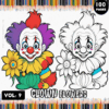 A coloring book cover featuring a cartoon clown surrounded by colorful flowers, with one side fully colored and the other side in black and white. The title reads 'CLOWN' at the top and 'VOL. 9 CLOWN FLOWERS' below, with a vibrant background of colorful pencils and '100 PAGES' highlighted in a circular badge.