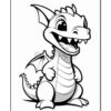 A cute cartoon dragon with large eyes and a big smile, featuring small wings and a spiked back, standing on its hind legs with a rounded belly. The dragon is outlined in black and set against a white background, emphasizing its playful design suitable for coloring.