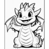 A cute cartoon dragon character with large eyes, a wide smile, and outstretched arms. It has small wings, spiked back, and a striped belly, all depicted in a black and white coloring book style.