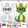 Cover of a coloring book titled 'Cute Dragons Vol. 1' featuring two cartoon dragons: a white dragon wearing glasses on the left and a colorful green dragon with spiky orange hair on the right. The background has colored pencil graphics and the title is stylized in bright colors with '100 PAGES' noted at the bottom.