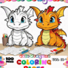 Cover of a coloring book titled 'Cute Dragons' featuring two cartoon dragons: one white and outlined for coloring, and the other orange with vibrant colors. The background has colored pencils and sheets of paper.