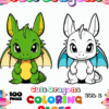 Cover of a coloring book titled 'Cute Dragons' featuring two cartoon dragons: a green dragon with yellow wings on the left and a white dragon with blue wings on the right, surrounded by colorful pencils and text indicating it's volume 2 with 100 pages.