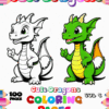Book cover titled 'Cute Dragons' featuring two cartoon dragons: a white dragon on the left and a green dragon on the right, both with cheerful expressions. The cover includes colorful text and decorative pencil illustrations along the edges, indicating it's a coloring book with 100 pages, labeled as volume 4.