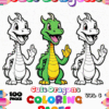 Cover page featuring three cartoon-style dragons: two white dragons on either side and one green dragon in the center, all smiling and waving. The title 'Cute Dragons Coloring Pages' is prominently displayed at the top, and 'Vol. 5' is included, with colorful pencil illustrations framing the edges. The page indicates there are '100 Pages' of coloring activities.