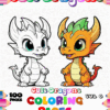 Cover of a coloring book titled 'Cute Dragons' featuring two cartoon dragons: one is white with blue eyes and the other is orange with green spikes, both with happy expressions. The design includes colorful text and a border of colored pencils, indicating it's volume 6 in the series.