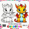 Cover of a coloring book titled 'Cute Dragons', featuring two cartoon dragons: one white and one colorful with red wings, surrounded by a border of colored pencils. The title and volume number are prominently displayed at the top.