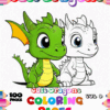 Cover of a coloring book titled 'Cute Dragons', featuring a green dragon and a white dragon in a cartoon style, with colorful text and a border made of colored pencils.