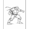 A black and white line drawing of a muscular turtle character in a fighting pose, wearing a shell and headband, with its fist raised and foot poised as if ready to attack.