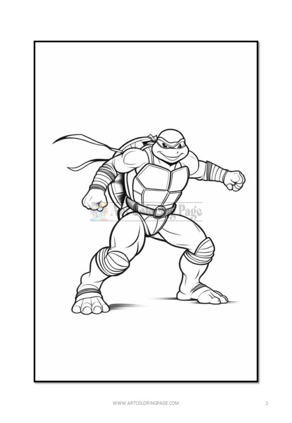 A black and white line drawing of a muscular turtle character in a fighting pose, wearing a shell and headband, with its fist raised and foot poised as if ready to attack.