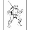 Line art of a cartoon turtle character with a bandana and a sword, posed in a fighting stance, wearing protective gear and a shell on its back.
