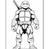 A black and white illustration of a muscular anthropomorphic turtle standing confidently with a sword on its back, wearing a protective chest piece and arm guards.