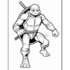 A cartoon turtle character in a fighting stance, wearing a shoulder shell and holding a sword, features muscular arms and a determined expression.