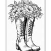A pair of lace-up boots with a bouquet of various flowers overflowing from the top, illustrated in black and white.