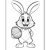 A cartoon rabbit with large ears and a big smile, holding a decorated Easter egg in its left hand. The rabbit is wearing a bow tie and has a rounded body, highlighted in black and white line art, suitable for coloring.