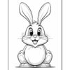 A cartoon rabbit with large ears and a cheerful expression, sitting down with its paws on its belly, outlined for coloring.
