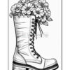 A black and white illustration of a tall boot filled with various flowers, showcasing details of the boot's laces and stitching.